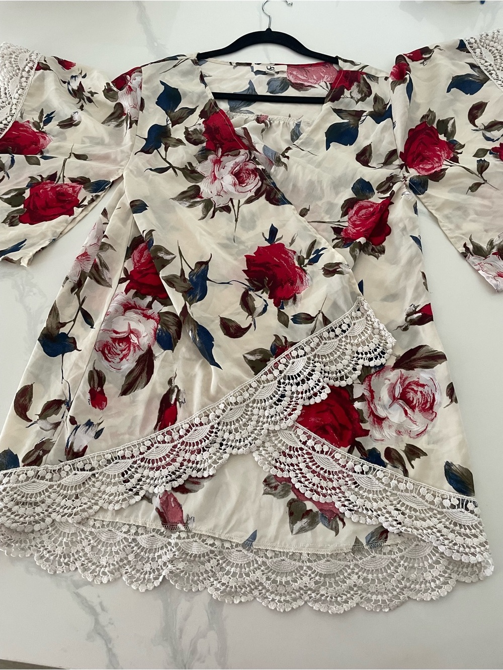 Floral Rose Wrap Kimono Top with Crochet Lace Trim